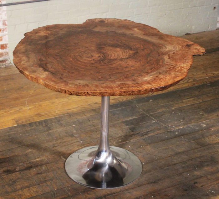 Mid-Century Modern Burl Walnut Free-Form Polished Aluminum Tulip Dining Table