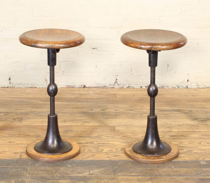 Pair of Vintage Industrial Pedestal Iron and Oak Stools