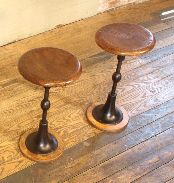 Pair of Vintage Industrial Pedestal Iron and Oak Stools