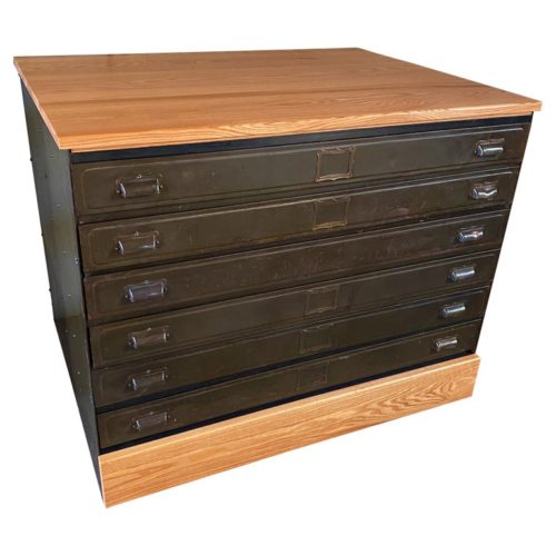 Vintage Oak & Steel Flat File Cabinet