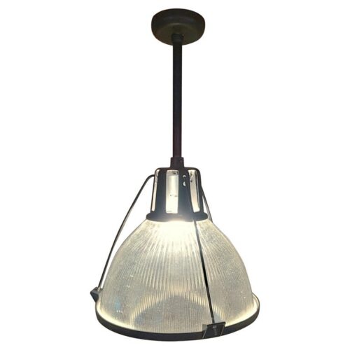 Vintage Industrial Holophane Pendant with 19" Glass Shade & Vented Cap