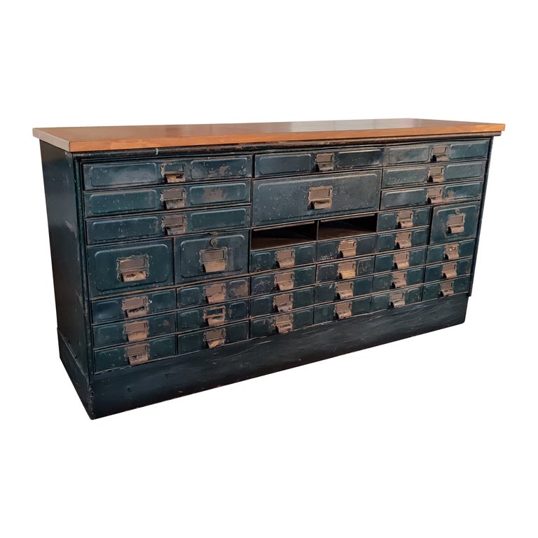 Vintage Industrial Steel & Pine Multi-Drawer Cabinet