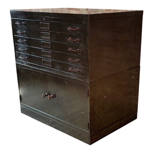 Vintage Steel Flat File Cabinet with Brass Handles