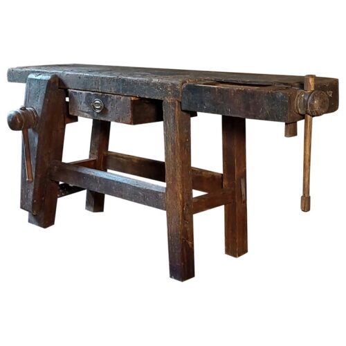 Distressed Antique Workbench with Drawer & 2 Vises