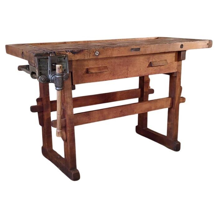 Vintage Industrial Workbench with Drawer & Morgan Vise