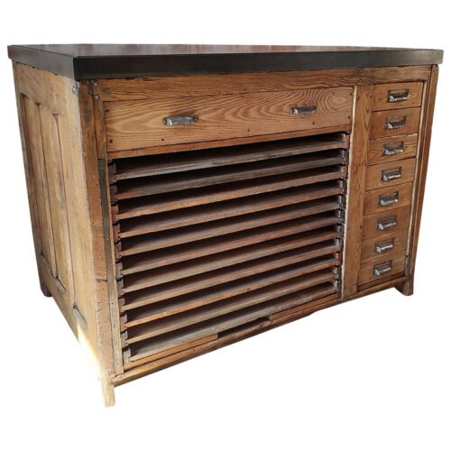 Antique Kitchen Island / Display Table with Steel Top