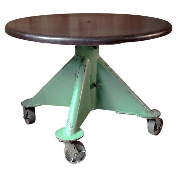 Vintage Industrial Round-Top Table On Castors